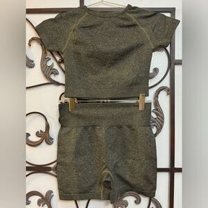 Workout Charcoal Gray Dark Olive Crop Top Shorts Set Sports Gym